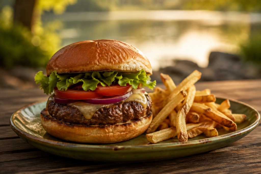 A burger and fries on a rustic plate