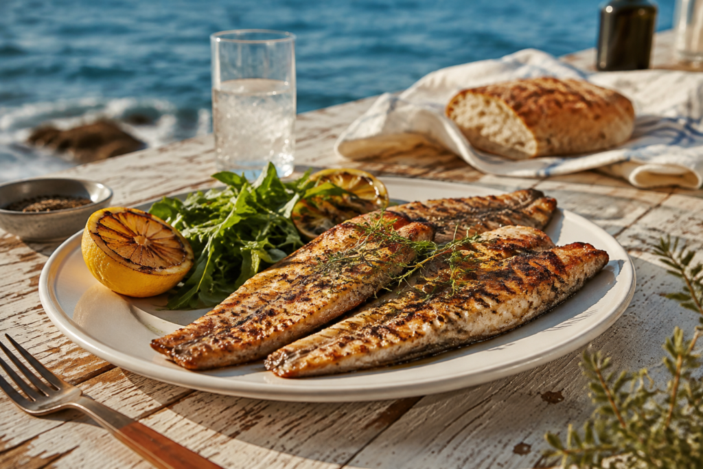 Grilled seafood and lemon on a coastal-style table