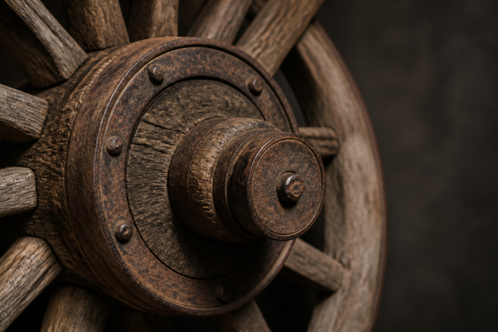 Weathered wagon wheel hub and iron rim — conceptual image