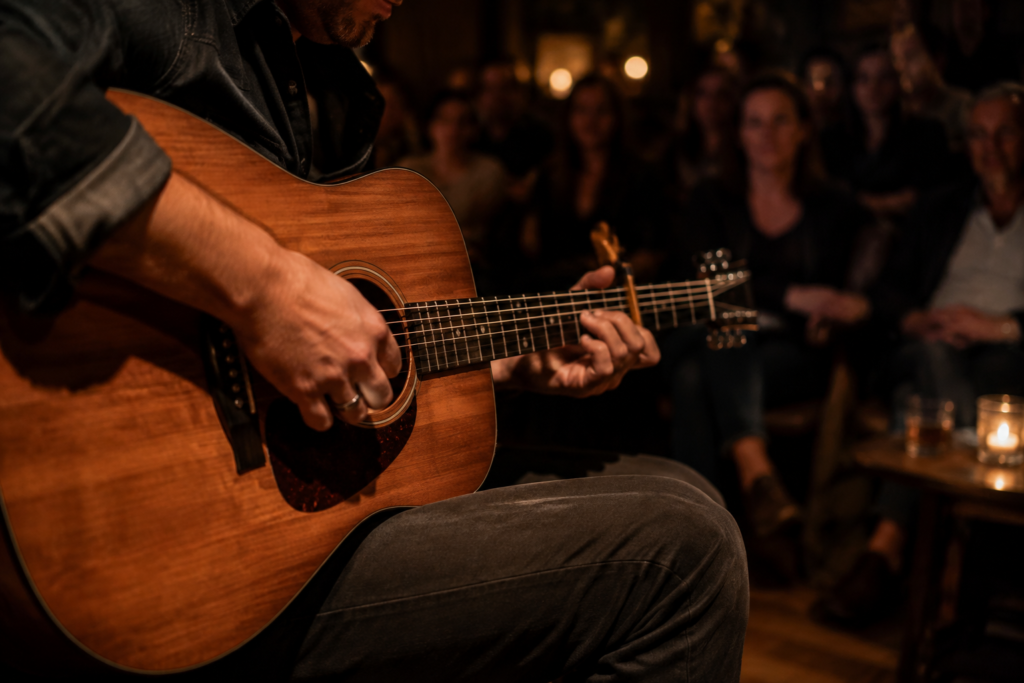 Intimate live acoustic music scene focused closely on a guitarist hands and wooden acoustic guitar