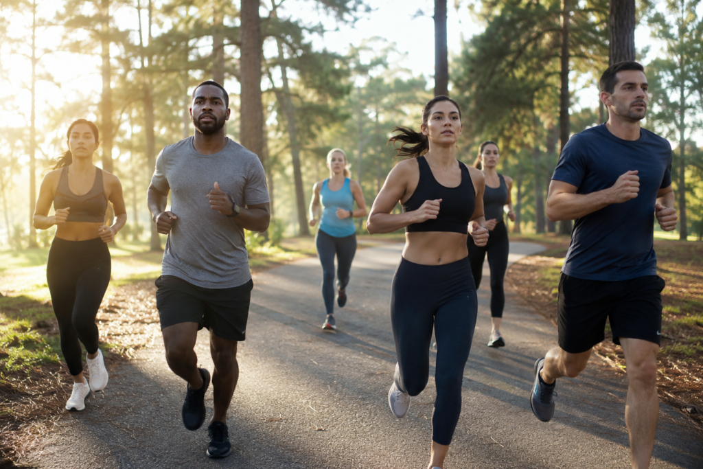Recreational adult runners moving along a pine-lined paved path in warm early morning light