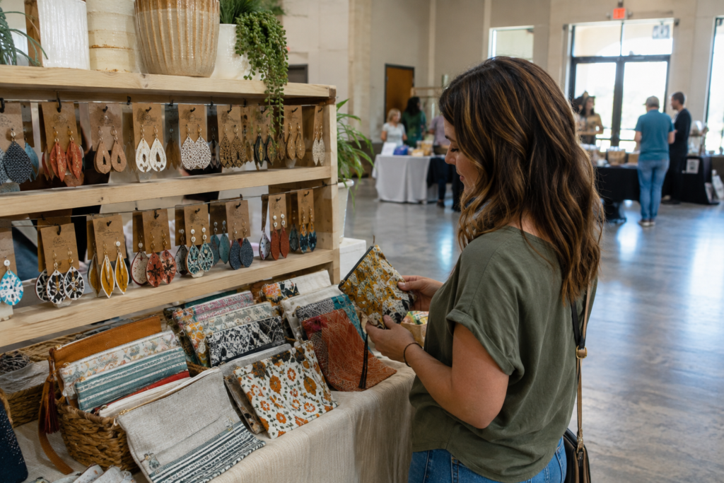 Indoor craft fair booth with handmade earrings and textured fabric pouches displayed attractively