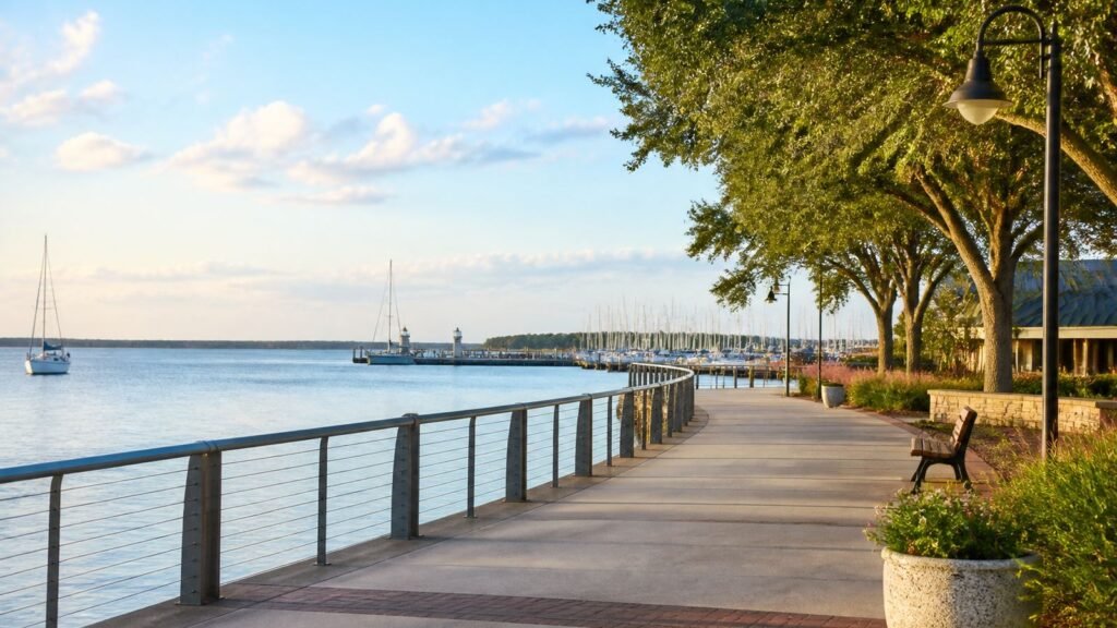 Illustration of a calm Houston Bay Area waterfront promenade beside a marina at soft daylight, with a quiet walkway and sailboat masts in the distance.