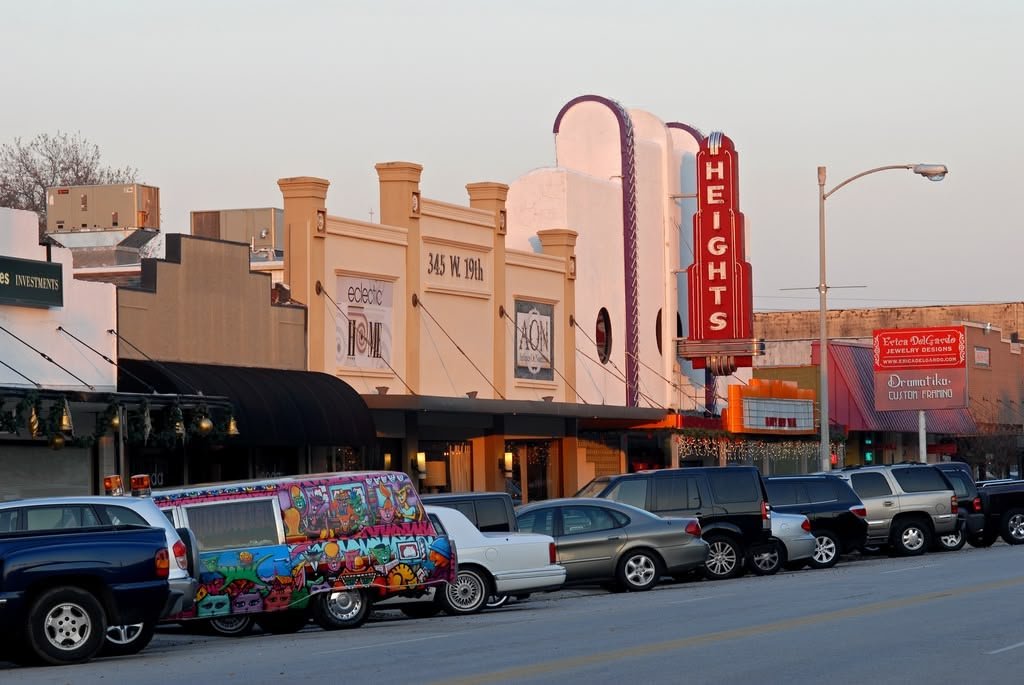 Heights Theater marquee and neighboring storefronts along 19th Street