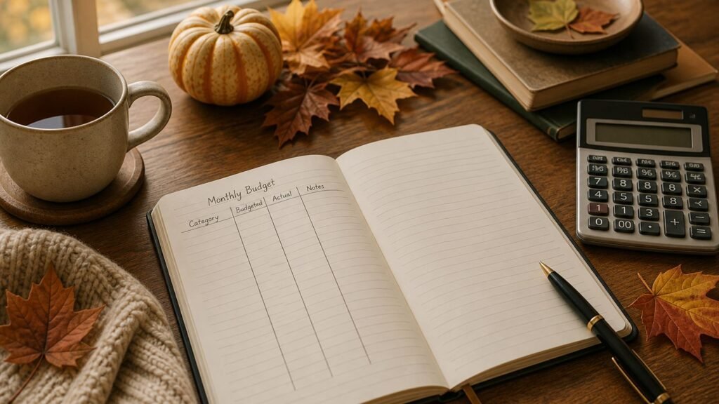 Illustration of a calm fall budget-planning desk with a notebook, calculator, and soft daylight—no identifiable listed property.