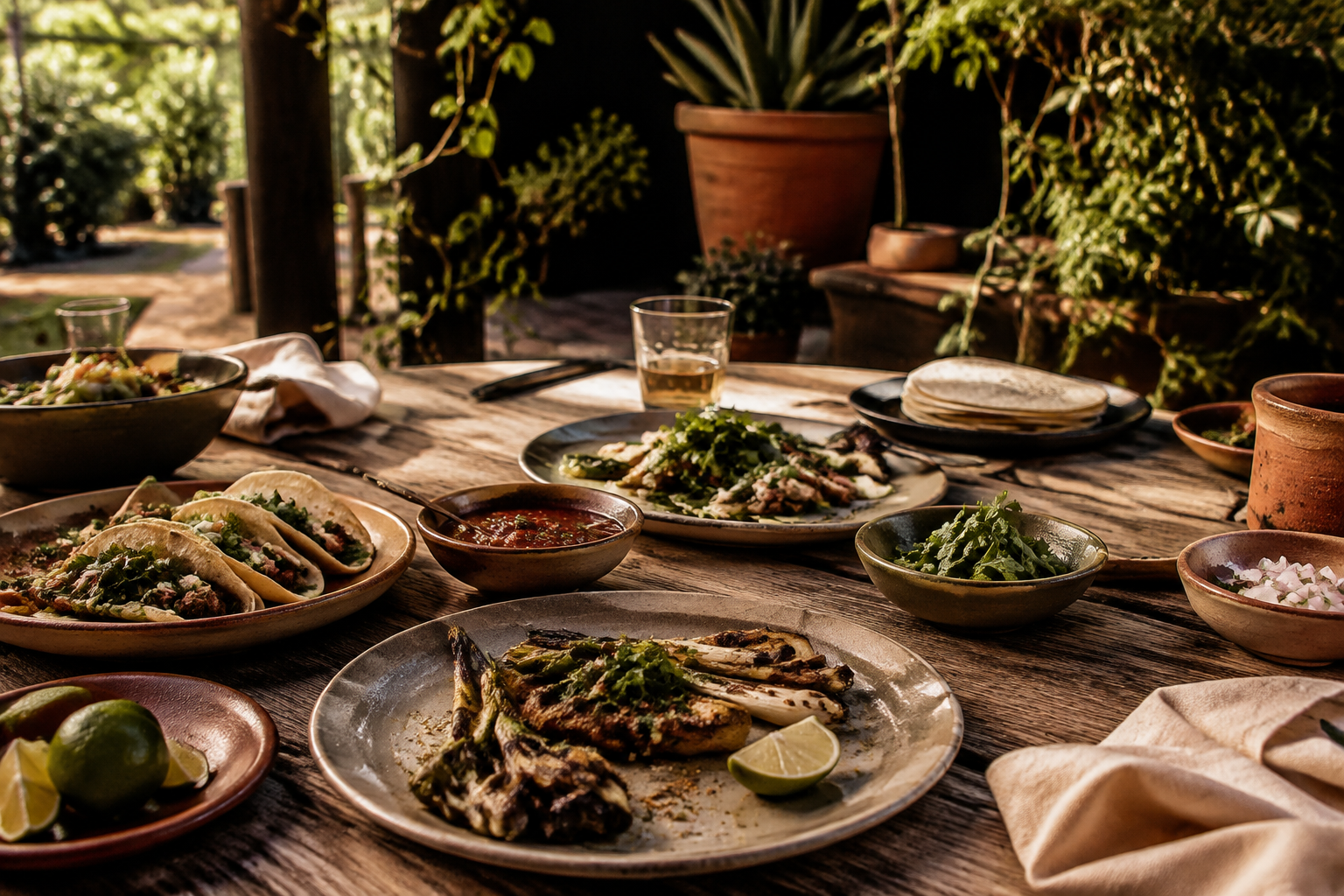 AI-generated editorial illustration of a Texas-inspired patio meal; not an actual restaurant or menu.