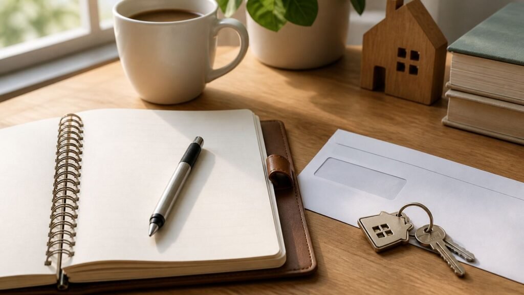 Illustration of a calm desk setup for household budgeting, with an open notebook, house keys resting on an envelope, and soft daylight — illustrating how jobs and housing costs get weighed together.