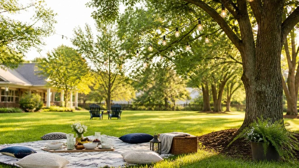 Illustration of a calm inland Houston holiday picnic on an open lawn with soft daylight and string lights — family outdoor gathering vibe without beach or coastline cues.