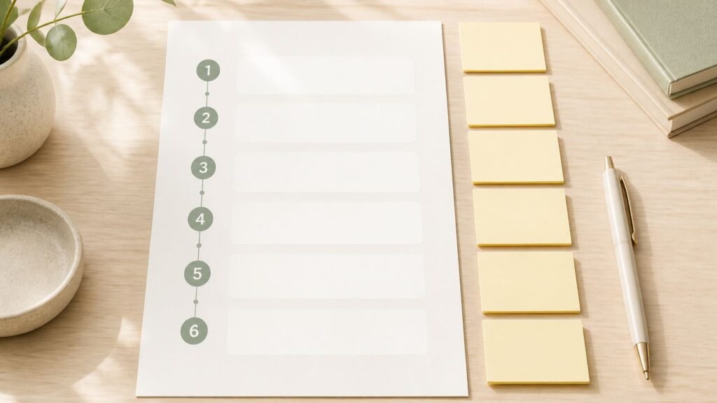 Illustration of a calm listing timeline checklist on a bright desk with numbered steps and sticky notes in soft daylight.