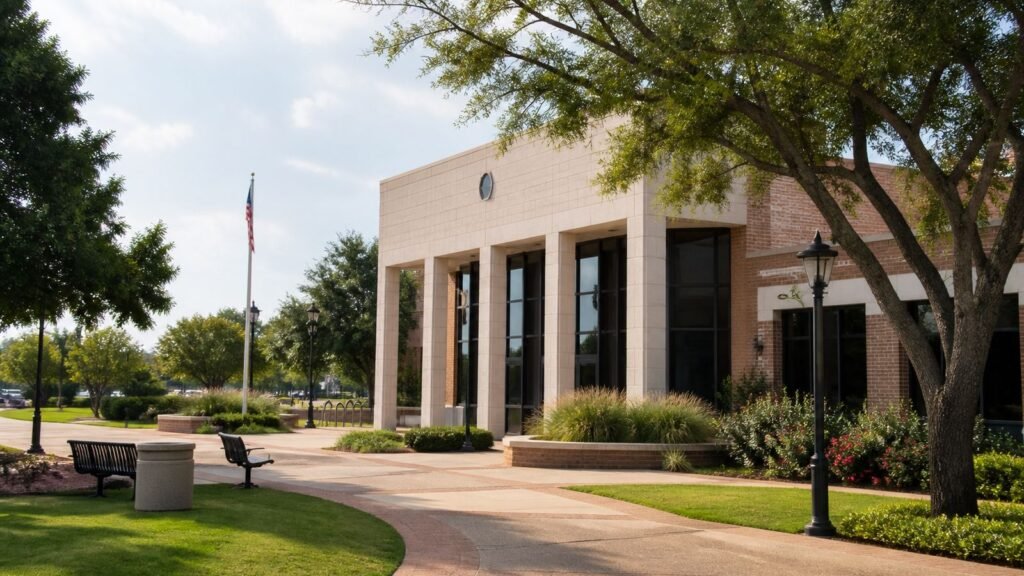 Illustration of a calm suburban civic building exterior with a landscaped plaza and walkway in soft daylight — illustrating a local budget and public-hearing story.