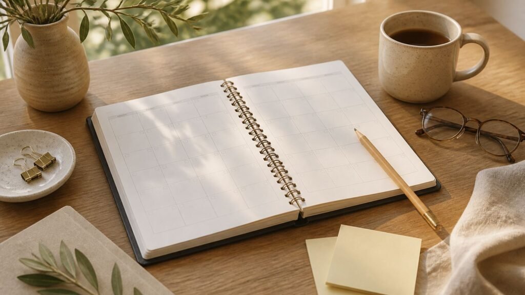 Illustration of a calm desk with an open calendar planner, sticky notes, and soft daylight for seller education about days on market.