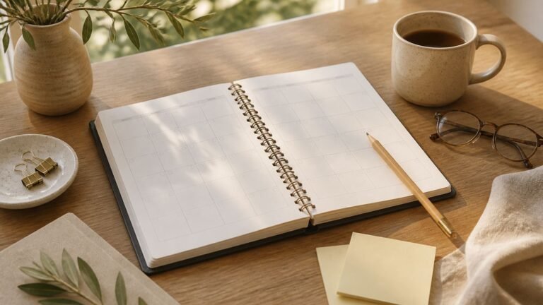 Illustration of a calm desk with an open calendar planner, sticky notes, and soft daylight for seller education about days on market.