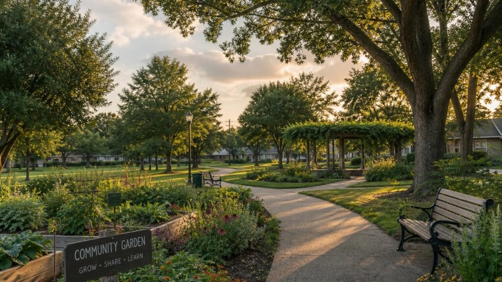 Illustration of a calm neighborhood community garden and park greenspace at soft evening light, with a winding path, garden beds, and benches — illustrating shared civic outdoor space across nearby Houston neighborhoods.