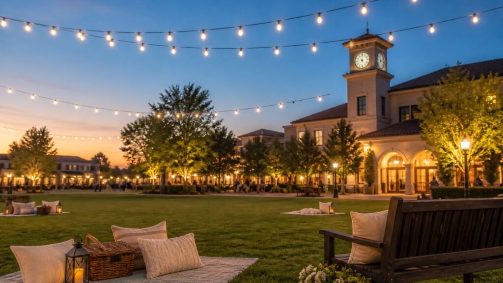Illustration of a calm outdoor evening on a west Houston town-square green, with string lights over an open lawn and a quiet weekend community gathering vibe.