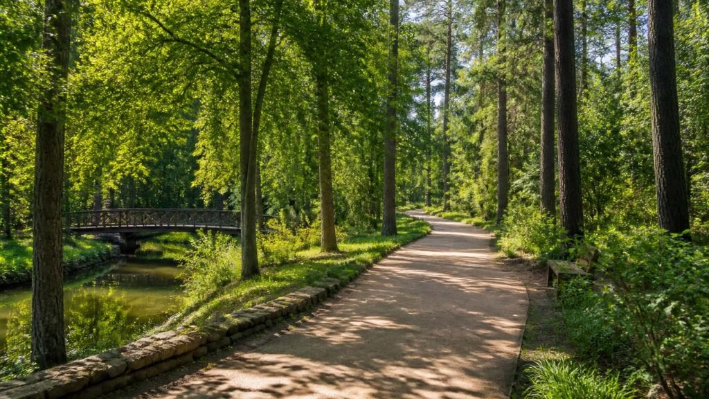 Illustration of a shaded walking path through a leafy park in a master-planned community, with tall trees, a wooden footbridge over a small creek, and a quiet weekend atmosphere.