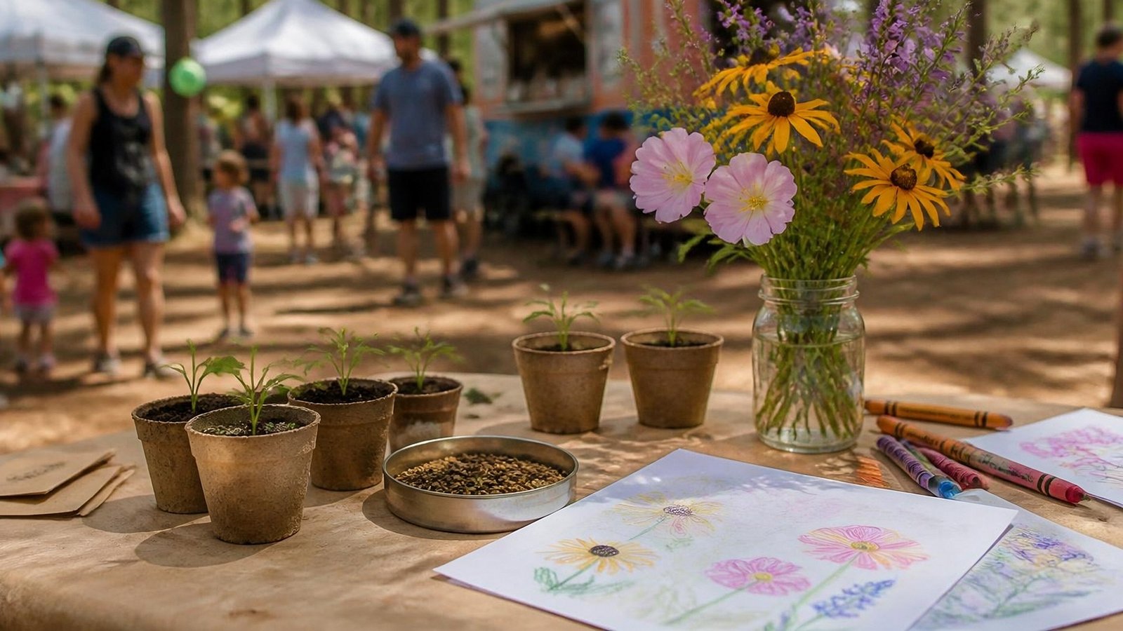Illustration of a festival craft table with seedling pots, wildflower seeds, a jar of Texas wildflowers and children's flower drawings, with families and white tents blurred among pine trees behind.