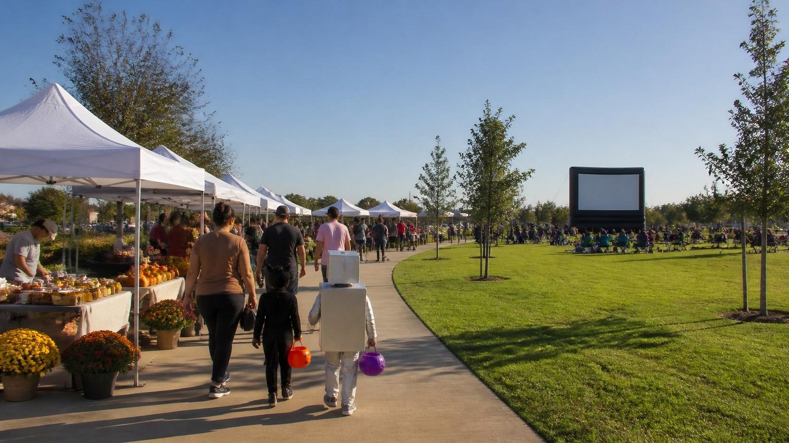Illustration of a morning farmers market under white tents in a suburban park, with families and costumed kids on the path and an outdoor movie screen set up on the lawn.