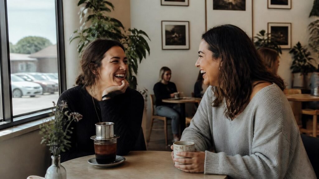 Illustration of two friends laughing at a small café table by a window, one with an iced coffee under a metal drip filter, the other holding a ceramic mug, with plants and framed pictures on the wall behind.