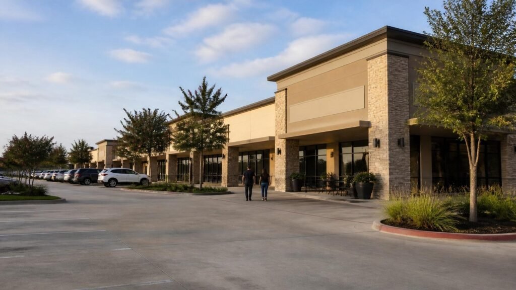 Illustration of a single-story suburban shopping center with tan stone pillars and dark storefront windows, a small café patio, young trees and a wide parking lot, as two people walk toward the entrance in early-morning light.