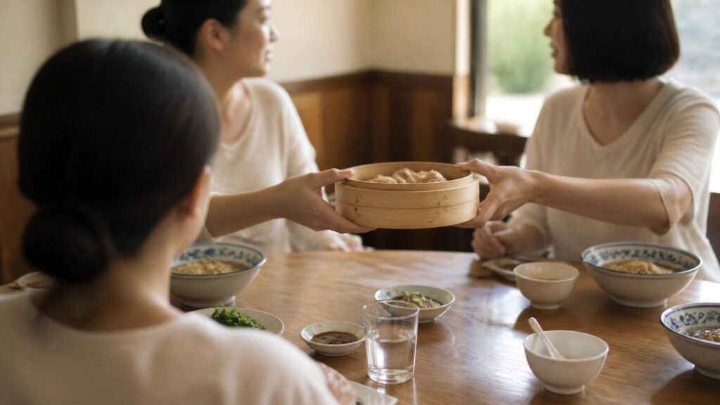 Illustration of three friends at a wooden table with noodle bowls and small dishes, one passing a bamboo steamer across to another, seen over the shoulder of the third, with soft profiles in warm window light.