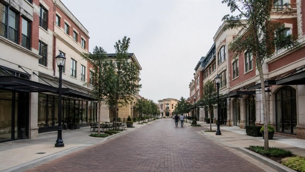 Illustration of a quiet brick-paved town-center street lined with red-brick and cream-stone buildings, dark awnings, young trees and black lamp posts, with a few people walking away in the distance.