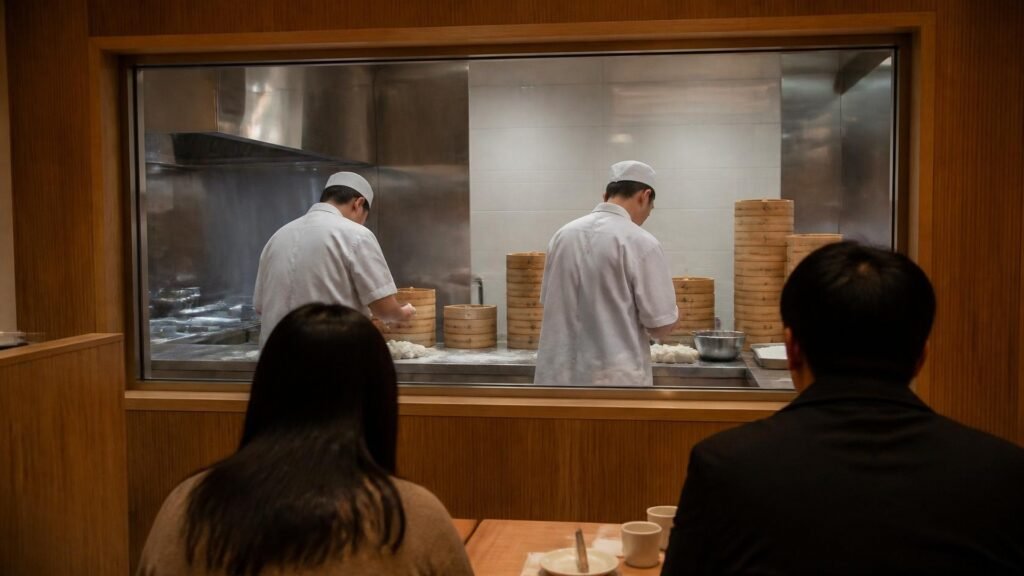 Illustration of two diners seen from behind watching, through a large kitchen window, two cooks in white caps with their backs turned pleating dumplings beside tall stacks of bamboo steamers.
