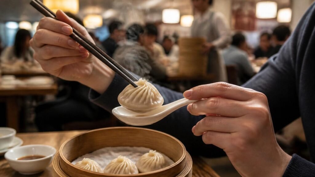 Illustration of a diner's hands using chopsticks to set a soup dumpling onto a white spoon above a bamboo steamer, with a busy dining room of tables, warm lights and a server carrying steamers blurred behind.