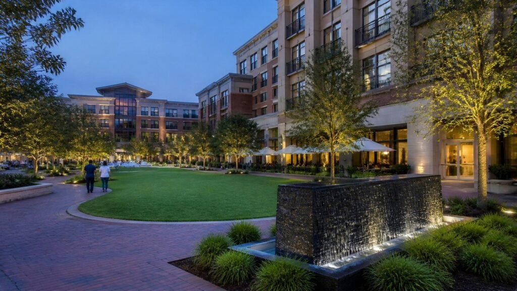 Illustration of a landscaped town-center plaza at dusk, with a curved brick path around an oval lawn, a dark stone water-wall fountain edged with grasses, uplit young trees, and brick and limestone mid-rise buildings with white patio umbrellas.