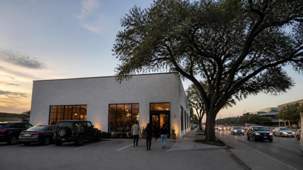 Illustration of a single-story white-painted brick restaurant with tall black-framed windows glowing at dusk beside a large live oak, with a few diners walking in from the parking lot along a freeway frontage road.