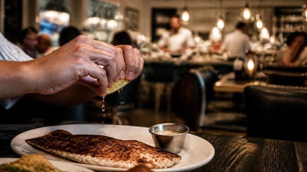 Illustration of a diner's hand squeezing a lemon wedge over a grilled fish fillet, with a busy seafood dining room and oyster bar blurred behind.