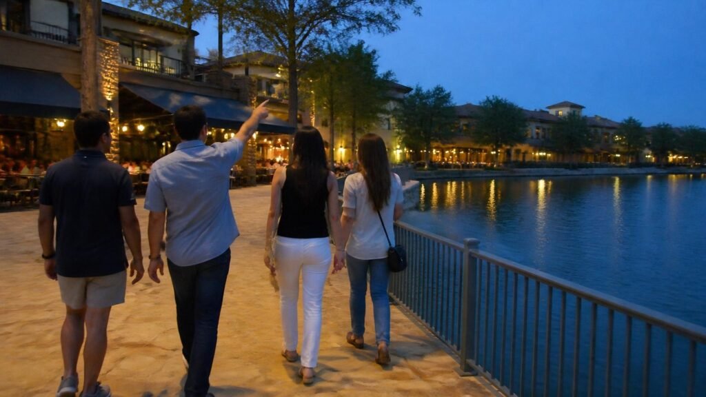 Illustration of four friends, seen from behind, walking along a lit stone lakeside promenade at blue hour while one points toward restaurant terraces under dark awnings.