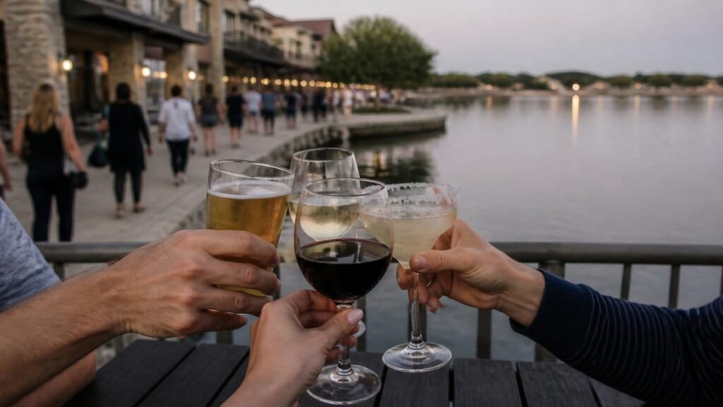 Illustration of friends' hands raising a beer, red and white wine, and a salt-rimmed margarita over a terrace railing, with a busy stone lakeside promenade and calm water blurred behind.