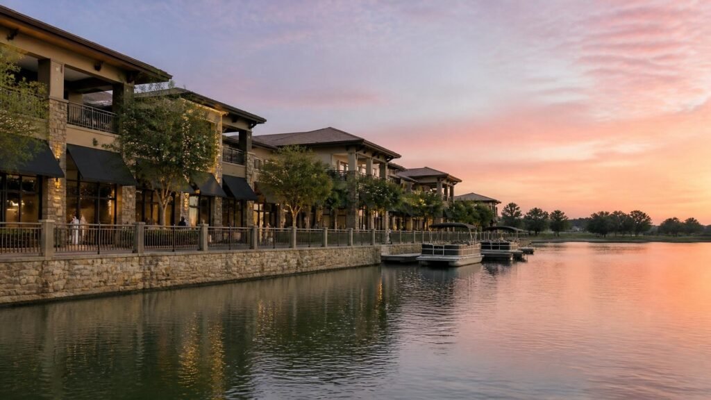 Illustration of a lakefront row of two-story beige stucco and stone-pillared buildings with dark awnings above a tan stone seawall and metal railing at sunset, with pontoon boats at a small dock and the pink sky reflected in calm water.