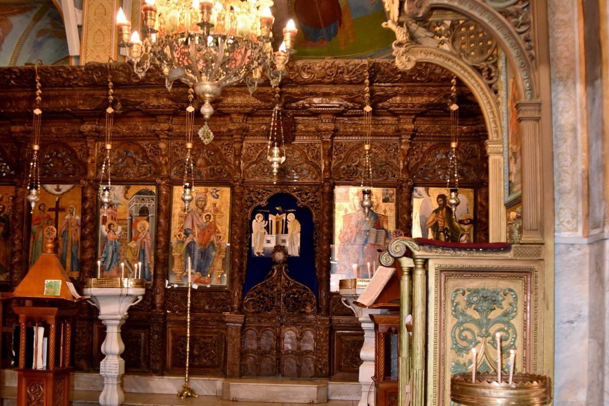 Greek Orthodox church interior with iconostasis and nave — licensed architecture for church-tour context; photographed at the Greek Orthodox Church of the Annunciation (Nazareth); not Assumption Galveston and not a documentary of Father Stelios or 2026 tours