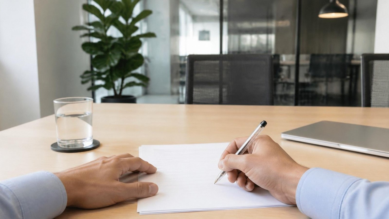 Illustration of a pair of hands signing blank papers with a pen at a wood conference table in an office closing room