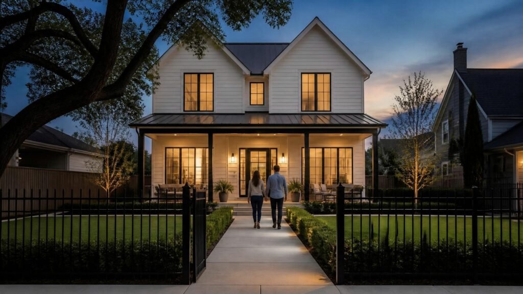 Illustration of a couple seen from behind walking up to a white modern farmhouse with black-framed glowing windows at dusk on a Houston-area street