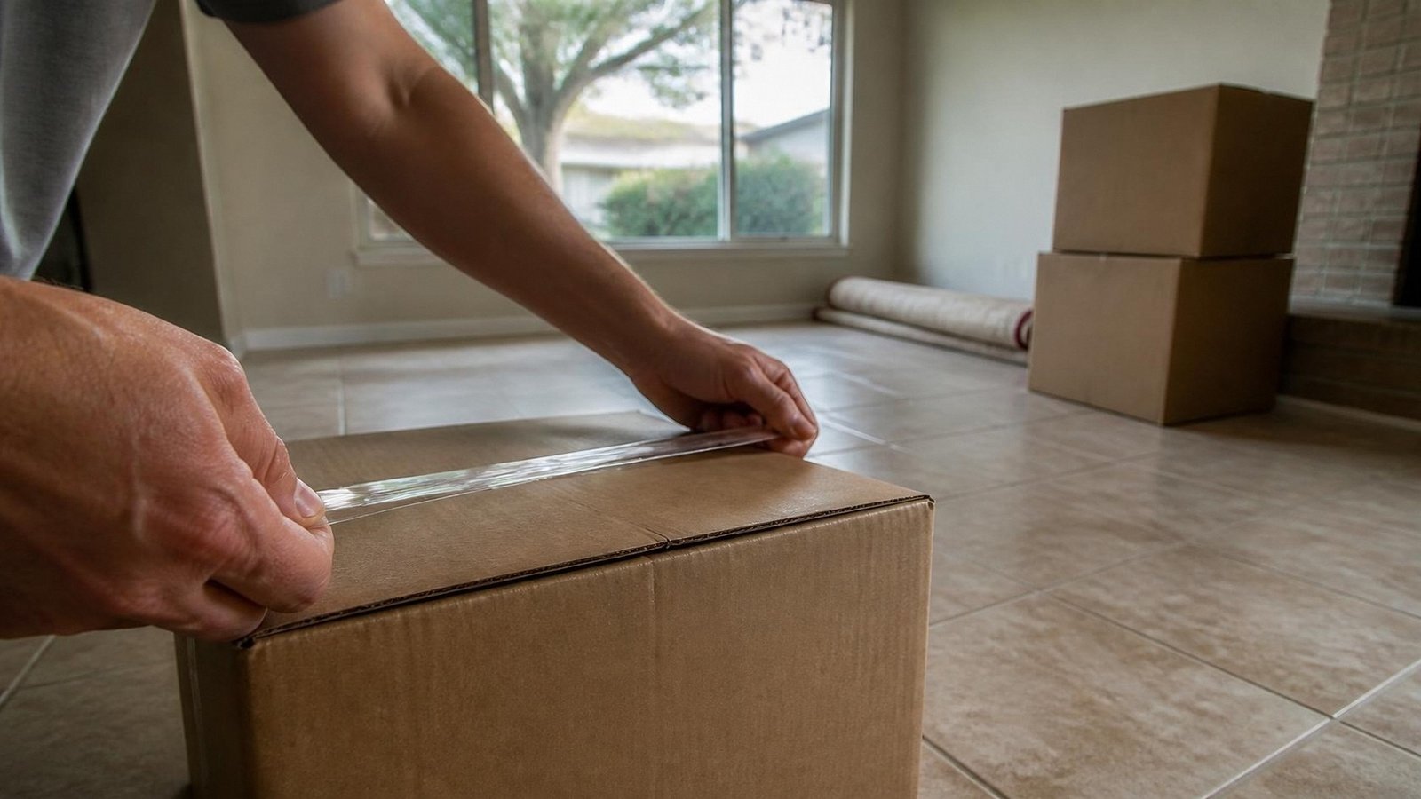 Illustration of two hands taping a cardboard moving box on a tile floor in a nearly empty living room