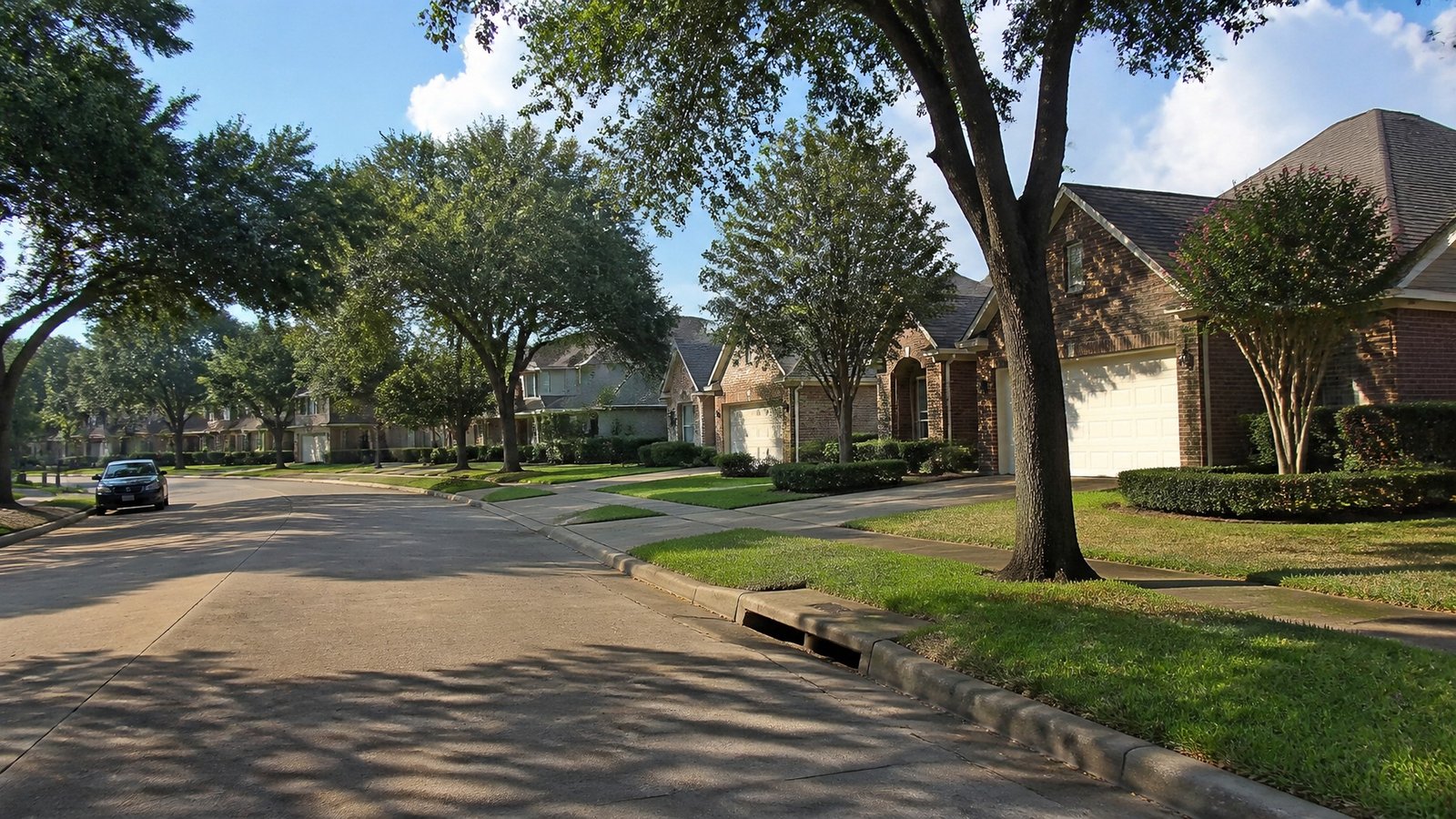 Illustration of a quiet suburban Houston-area street lined with brick homes, front-facing garages, green lawns and large live oak trees in late-afternoon light