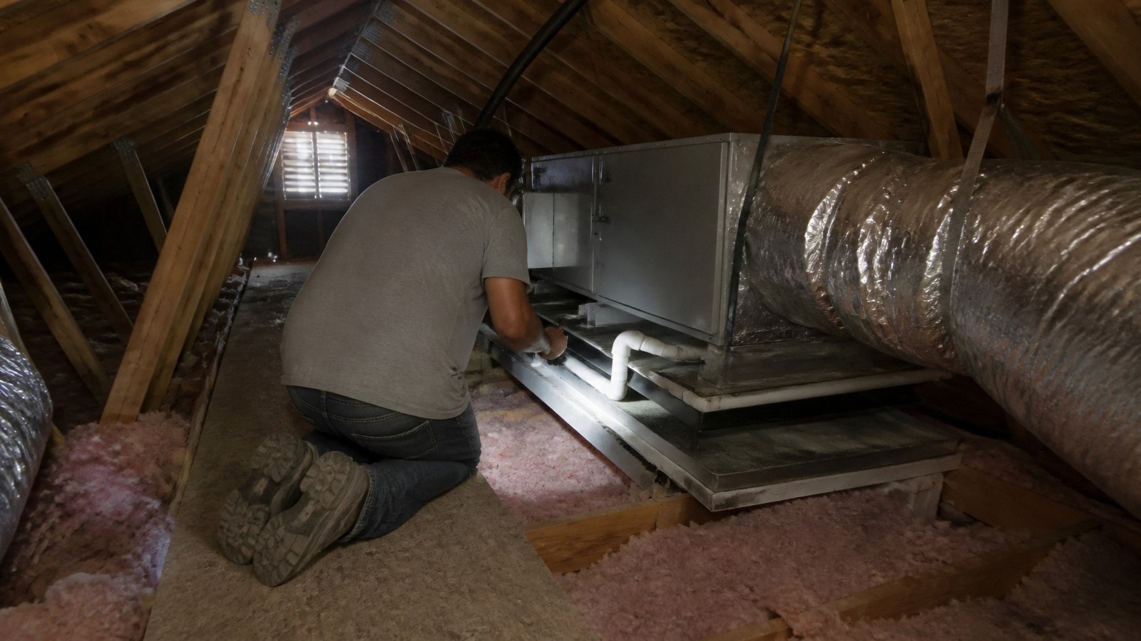 Illustration of a home inspector kneeling on a plywood walkway in an insulated attic, checking the drain line under a gray air handler connected to silver flex ducts